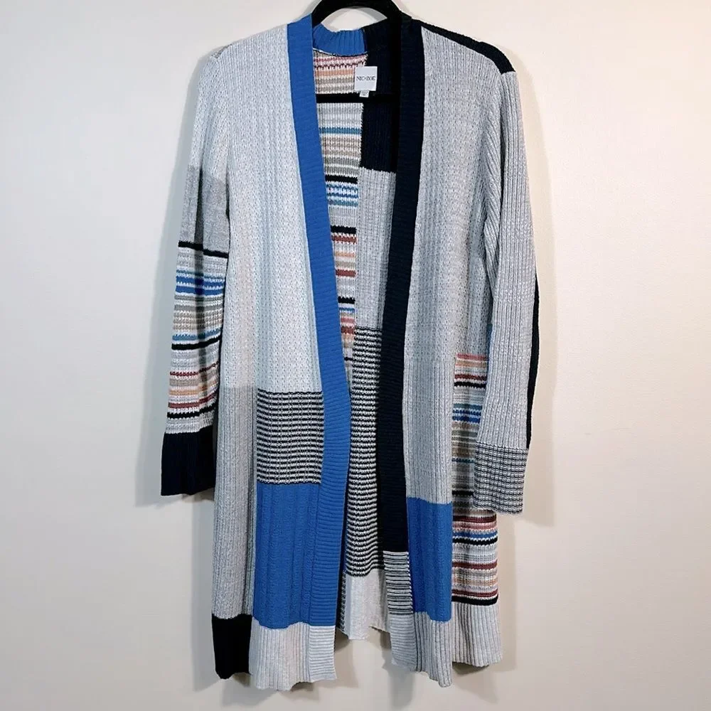 Nic & Zoe Long Line Open Front Patchwork Quilt Longsleeve Cardigan Women Medium